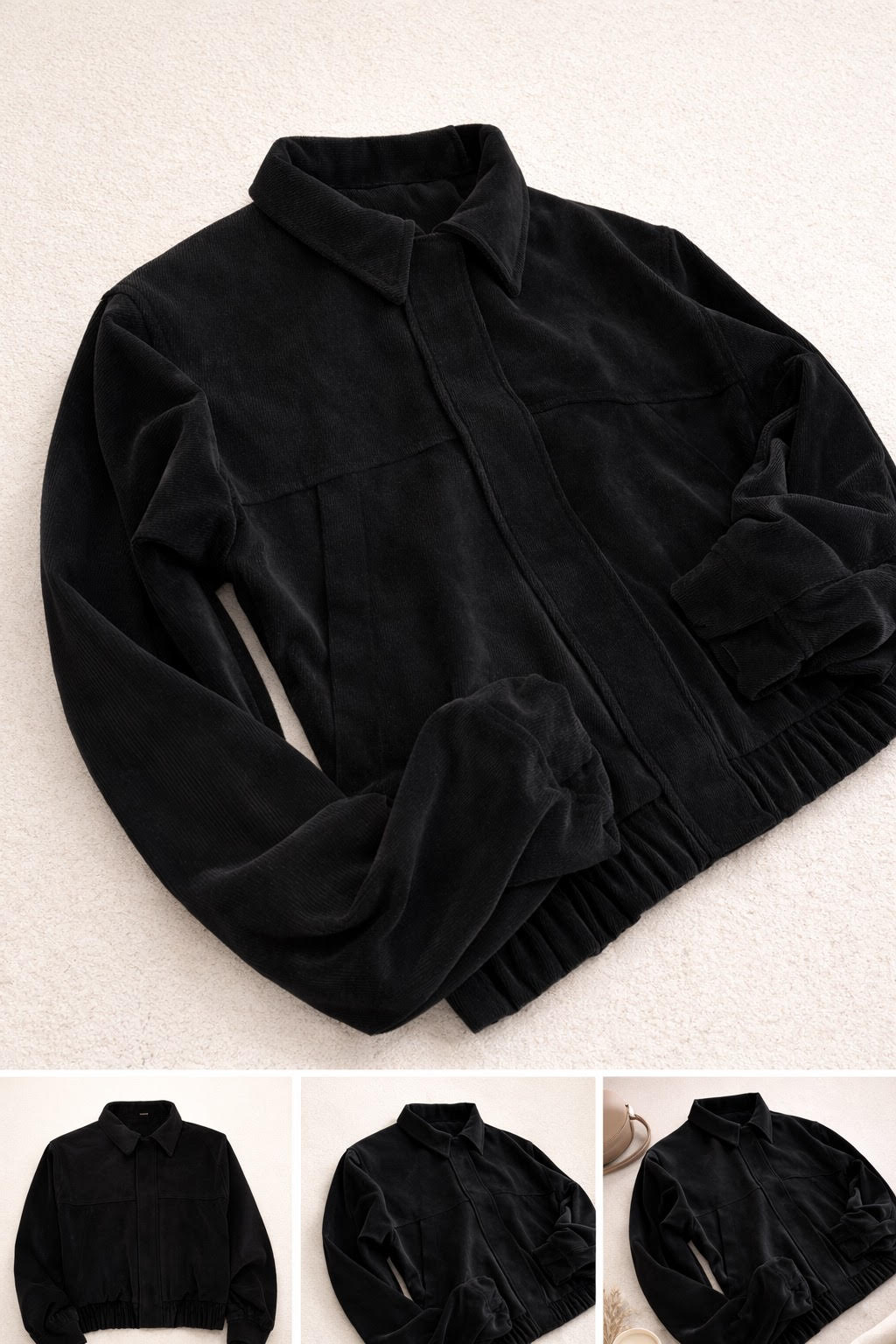 Minimalistinis juodos spalvos velveto švarkelis